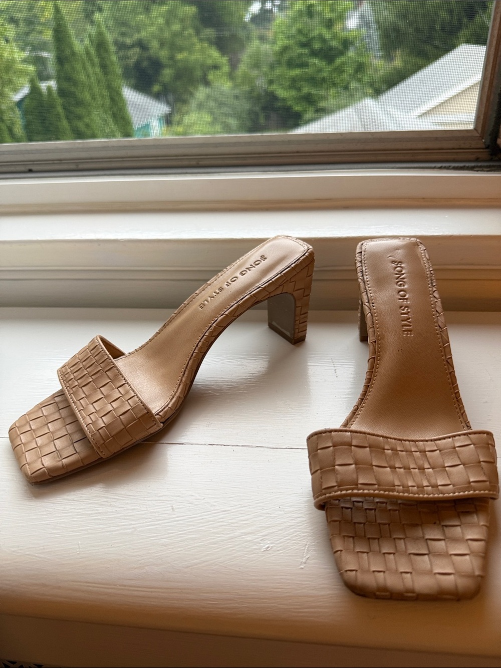 Song of Style Woven Tan Square-Toe Block Mules